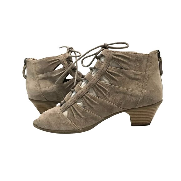 EARTH AURORA Tan Suede Heeled Lace Up Peep Toe Ankle Boots Womens 8 Zip Close - Picture 2 of 10